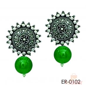 German Silver Stud Earring with Green Bead Earring for Women and Girls