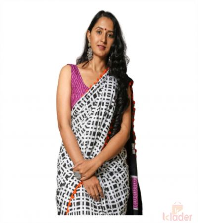Cotton Casual Wear Hand Painted Saree For Women Black and White