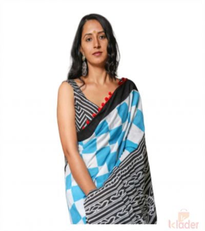 Cotton Casual Wear Hand Printed Saree For Women Sky Blue With Black